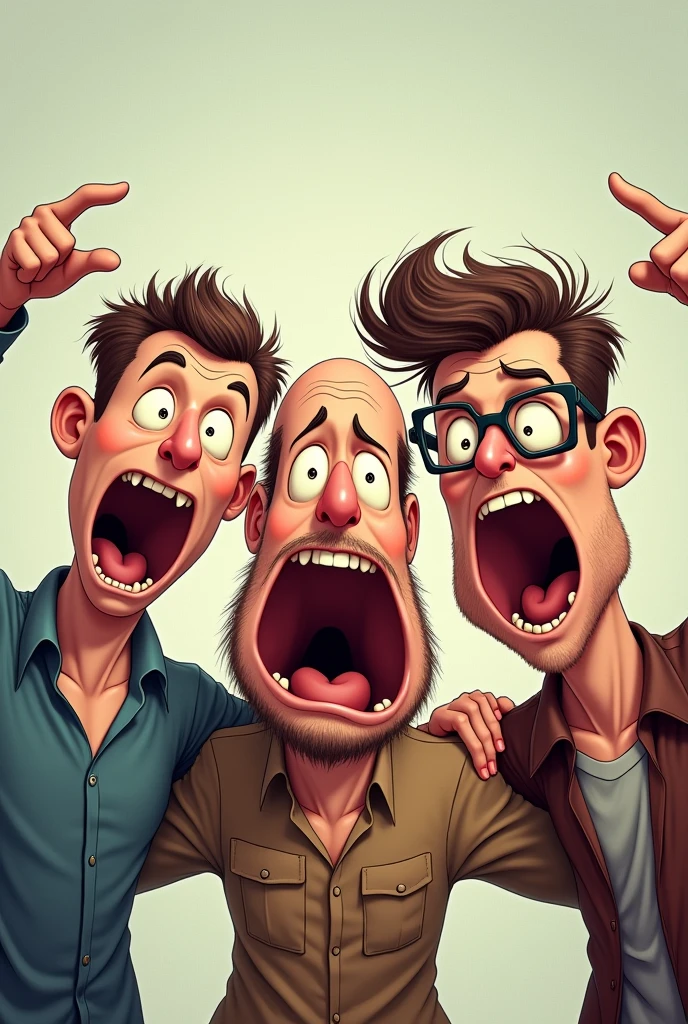 Three men with different hair styles are shocked in a funny way.