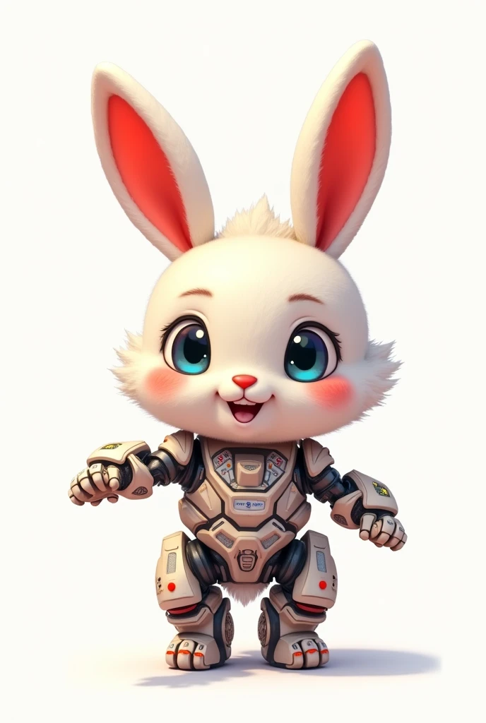 A cute rabbit with a mechanical body, 2 head to body ratio, bright red insoles for ears, dynamic pose, big eyes, fluffy, steampunk elements, (art by kanahei), white background, --ar 3:2 --zoom 1.2