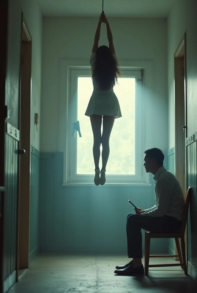 Scene of female student wearing white thigh high socks hanging herself to death ,hovering in the air , a man sitting on the ground in panic with a chair on the ground