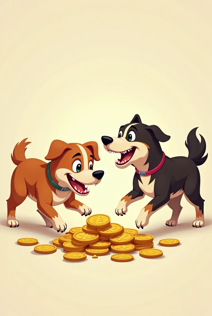 create 2D images of funny dogs fighting over cryptocurrency coins
