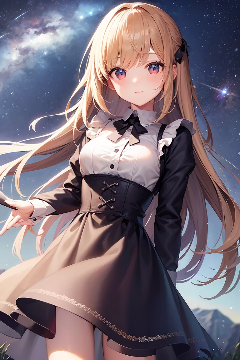 A girl on a meadow,Stars twinkling in the sky,Shining Star,milky way,I look up and see,masterpiece,Highest quality,最高masterpiece,Detailed anime art,Digital Art,