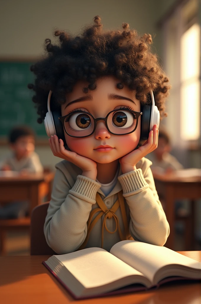 Girl with big and small eyes, with school clothes,Curly hair, black and brown eyes, with headphones, in a class room, sitting and wearing glasses 