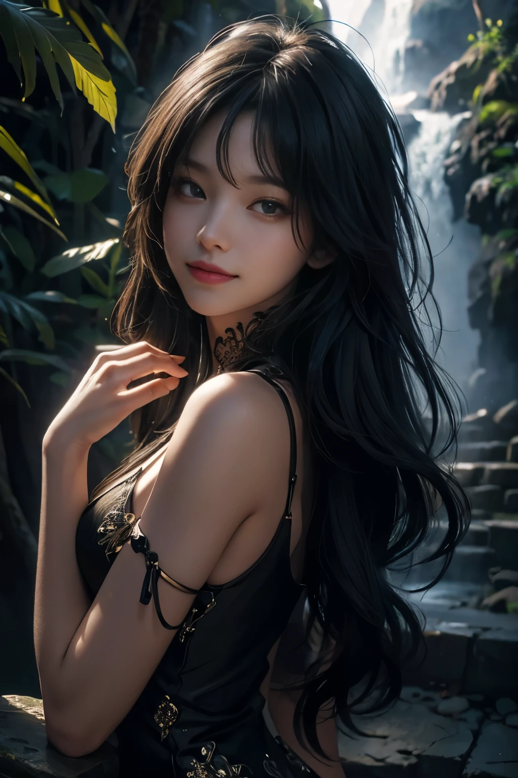 (ultra realistic) , (illustration), (increase resolution), (8K), (extremely detailed), (best illustration), (beautiful detailed eyes), (best quality), (ultra-detailed), (masterpiece), (wallpaper), (detailed face), 1 girl, black straight hair, slender body, delicate details, in the dark, deep shadow, low key, pureerosfaceace_v1, happy smile, summer dress, waterfall, rainforest