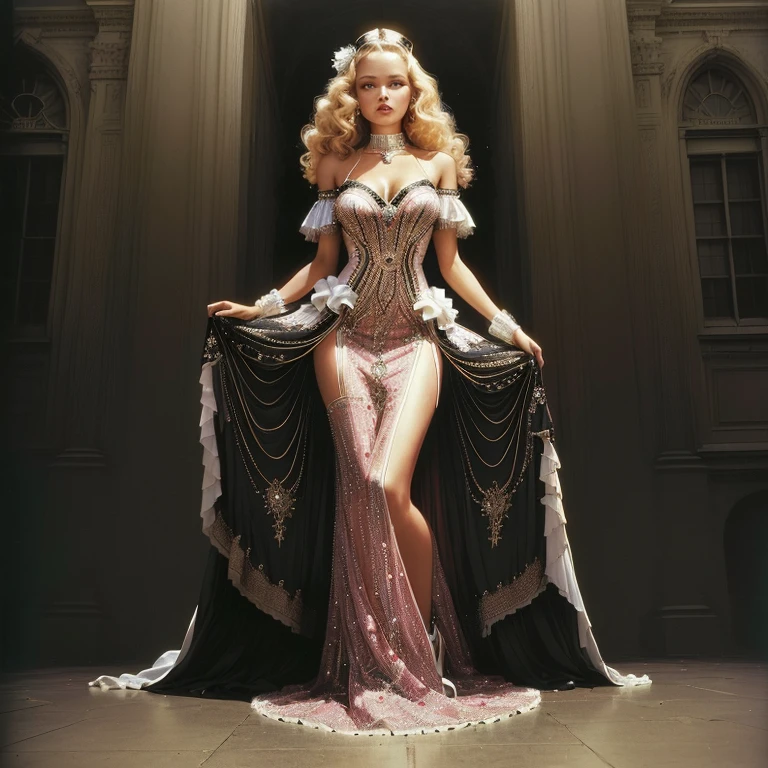 woman in dress posing on platform, Allan Linder, Stan Gully, by Dan Frazier, Claudia Schiffer, iris law rankin, yelena belova, wear a beaded dress, Harvey Pratt,  Adams, inspired by Hedy Xandt, Photo from 1973 from Life magazine.