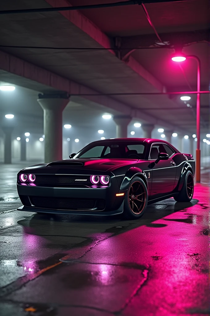 hellcat black and pink color and a parking lot real
