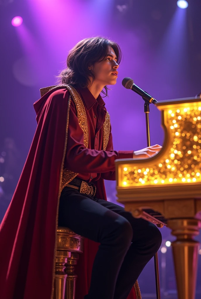 artwork best quality realistic image handsome american male teenager long brown hair light skin with burgundy button down shirt and black pants with burgundy cape and hood coat with intricate gold details glowing playing golden piano and glowing and singing with a microphone in front of him with purple lights around it illuminating him intricate details singing seen from afar at a concert with details uhq details 8k realism