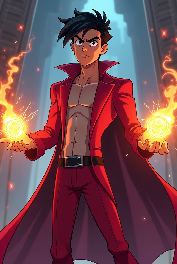 Thin but muscular black haired teen boy and I want the style to be like the teen titans go I also want him to have a red suit and some magic seals on his hands.