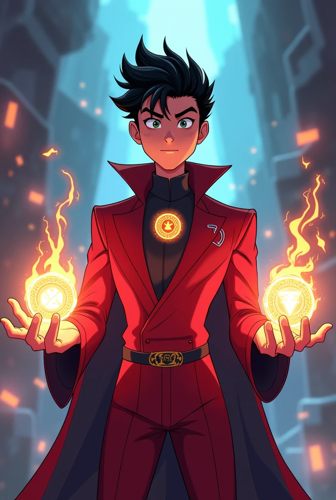 Thin but muscular black haired teen boy and I want the style to be like the teen titans go I also want him to have a red suit and some magic seals on his hands.