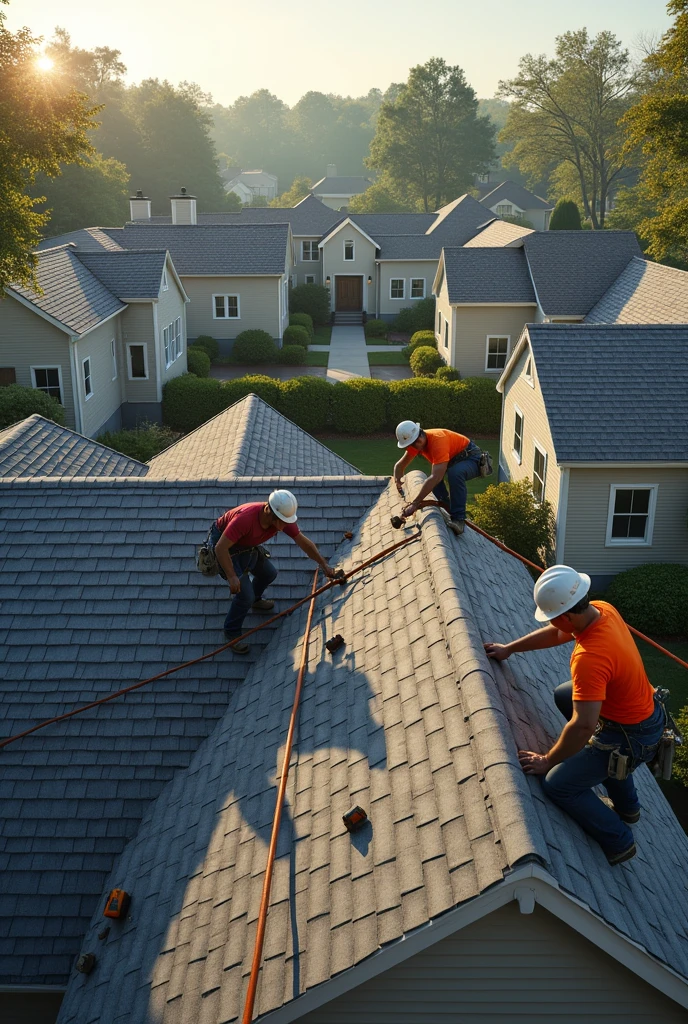 Men installing roofs on houses in the United States