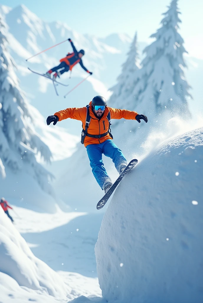a 30 years Indian man skidiving in the snow next to a giant snow ball, covered with snow, covered in snow, high snow and skier falling off of a snowboard in the air, high snow, snow crash. He wears an orange jacket, blue pant, helmet, black glasses. Poles are also in the air due to the hit of giant snow ball