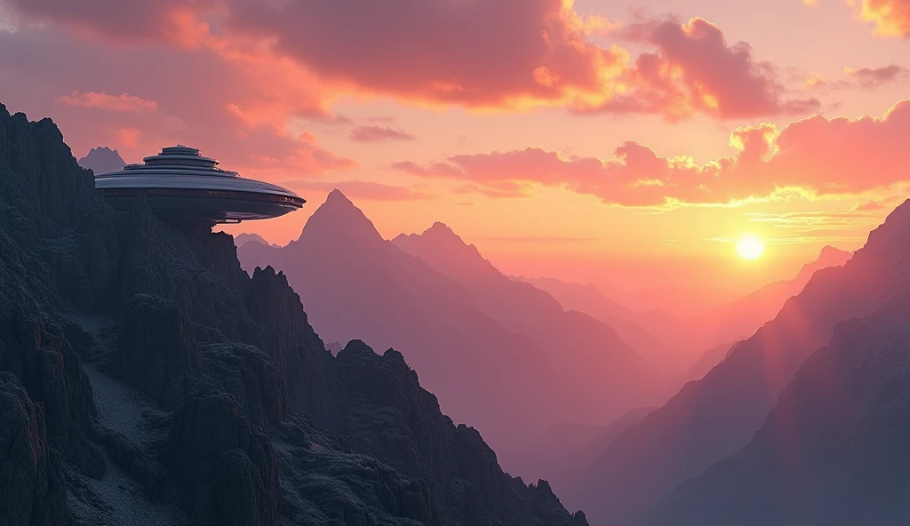 Wallpaper calm scene from mountains , realistic photo hdr , sunrise colored sky, scifi building on top of mountain in far distance