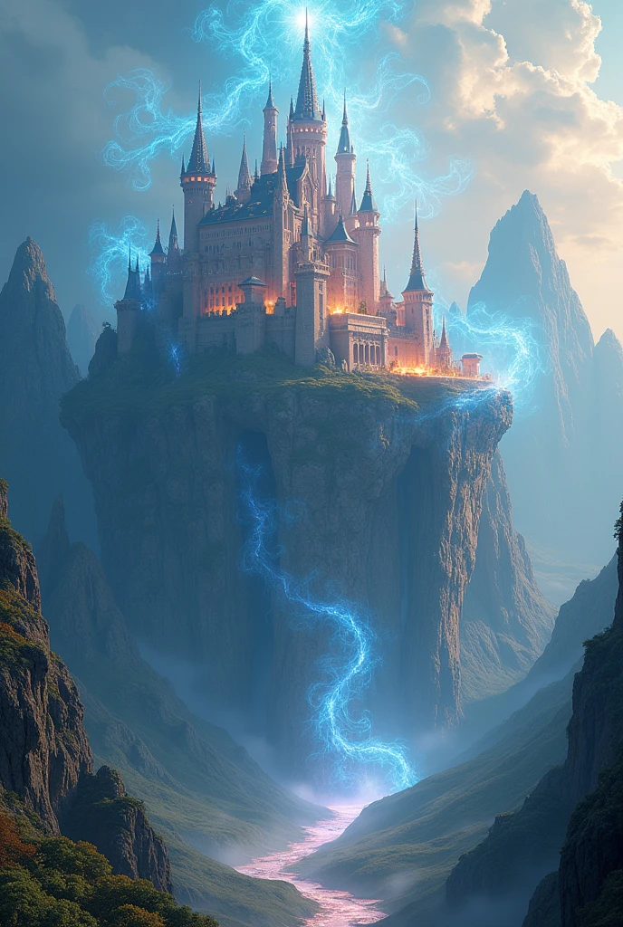 (masterpiece,top quality,high quality)), ((8K wallpaper unified with high definition CG)), multiple mountains with a castles floating in the sky looking heavenly and divine surrounded by swirling magic fire and water,