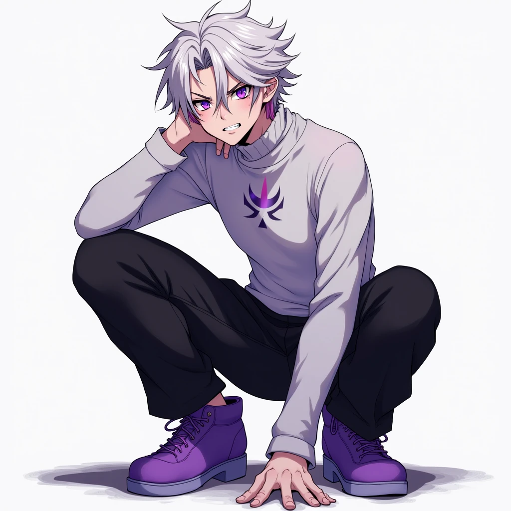 a high resolution, super detailing, 1male, teenager boy, violet pupils, wide white-violet turtleneck, black-violet pants, violet shoes, white hair, short hair, slicked back hair, very tired eyes, passive angry look, close mouth, look at the viewer, under the right eye there is a black mark in the shape of arrowheads, under the left eye there is a white mark in the shape of arrowheads, thick fur white eyeslashes, left arm holding on knee, right arm holding on floor, squatted down, on the neck there is a violet mark in the shape of arrowheads, anime style, high detail, 16K, Best quality, high quality, accurate, masterpiece, uhd