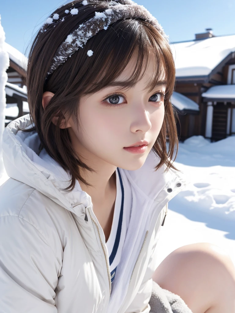 Photoreal、Masseter muscle part、highest quality、High resolution、RAW photo、realistic、bright lighting、face light、smooth professional lighting、japanese women、Beautiful woman、modeled、gravure、Sexy、super beautiful、realistic and beautiful skin、beautiful and detailed eyes、detailed face、slim、medium big breasts、short hair、brunette colored hair、brown eyes、looking at camera、Winter clothes、snow scene、mini skirt
