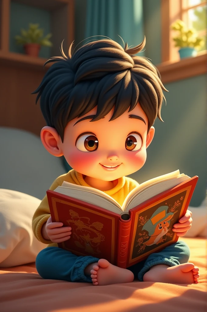 Cartoon of a boy with a book cut and big eyes
