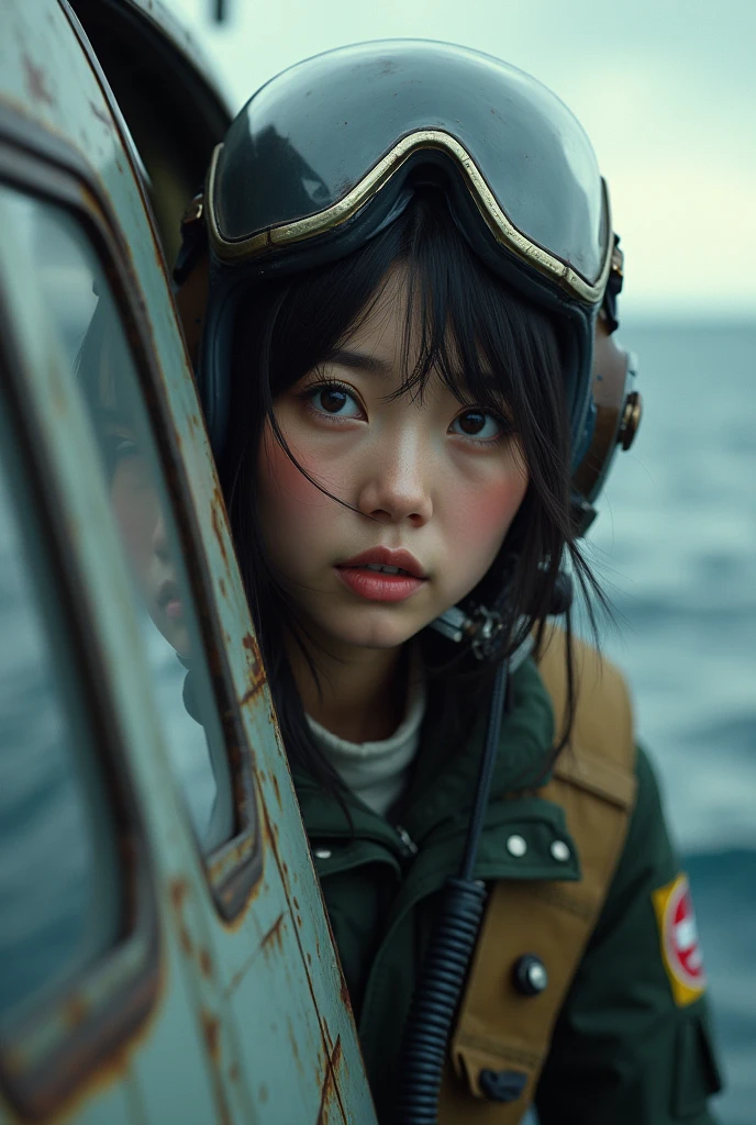 ultra-realistic, photorealistic, beautiful Japanese girl, beginner military pilot of the Japanese flying boat, she is so nervous, she is at the side door of the flying boat on the sea, dramatic scene, masterpiece, face focus, flight helmet, breathe mask, very beautiful eyes, military naval pilot's flight suits,