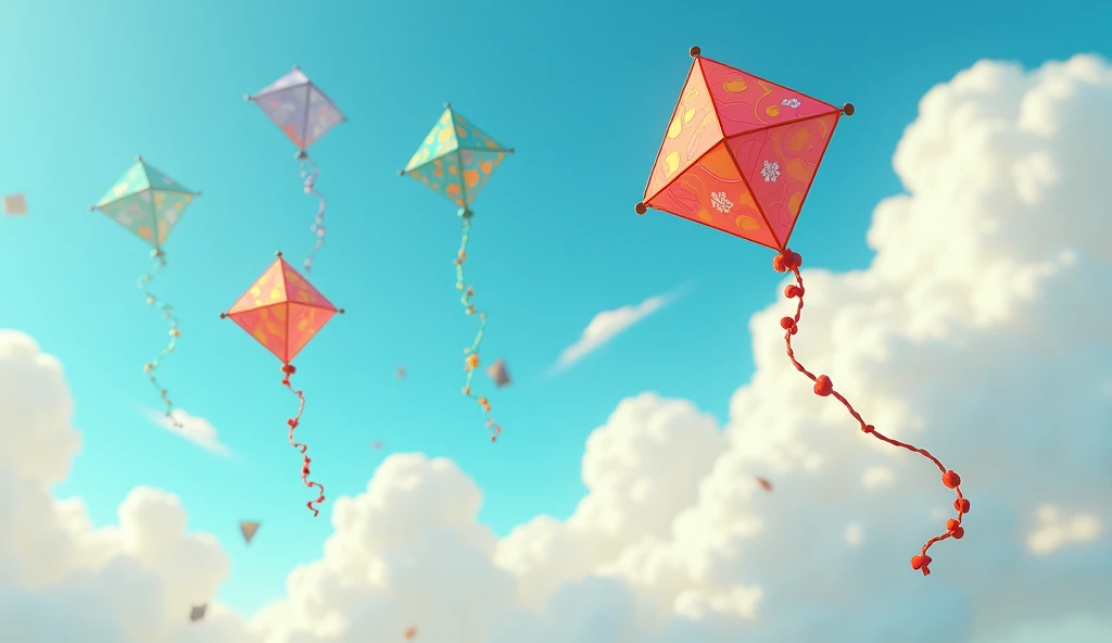 3d cartoon anime ; as the bigger kites soared high in the sky, twisting and turning gracefully in the wind.