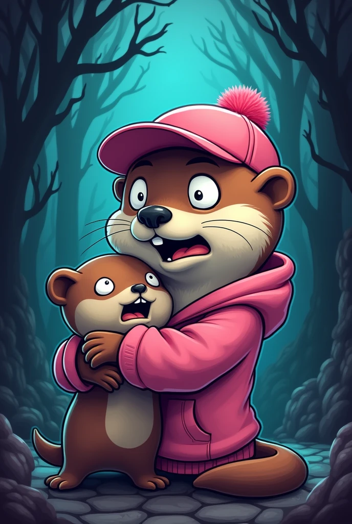 Cartoon of an otter, with pink cap, pink sweatshirt, with a scared face, with eyes closed, with side position and hugging a stuffed otter, horror background
