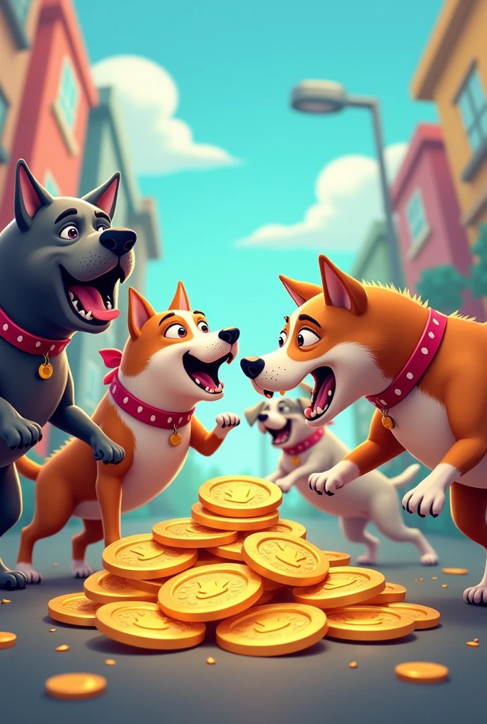 create 2D images of 5 funny dogs fighting over cryptocurrency dogs coins