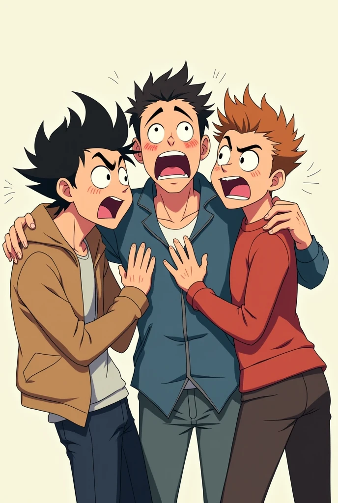 Three men with different hair styles are shocked in a funny way, anime