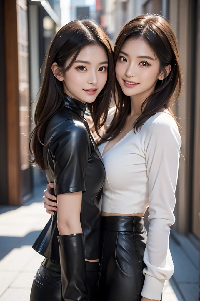upscale、4K、Masterpiece:1.3)、Beautiful woman、1 female、(breastplate、Attractive body:1.2)、abdomen:1.1、Dark Brown Hair:1.1、(whole body:1.2)、Ultra-detailed face、Exquisite lips、A sophisticated eye、double eyelid、Filmed in a highly realistic and detailed studio、Wearing a black leather jacket and leather pants、Japanese women、20th Generation(2)、Cute smile、color々Hair style、Lupin III、Fujiko Mine Style、