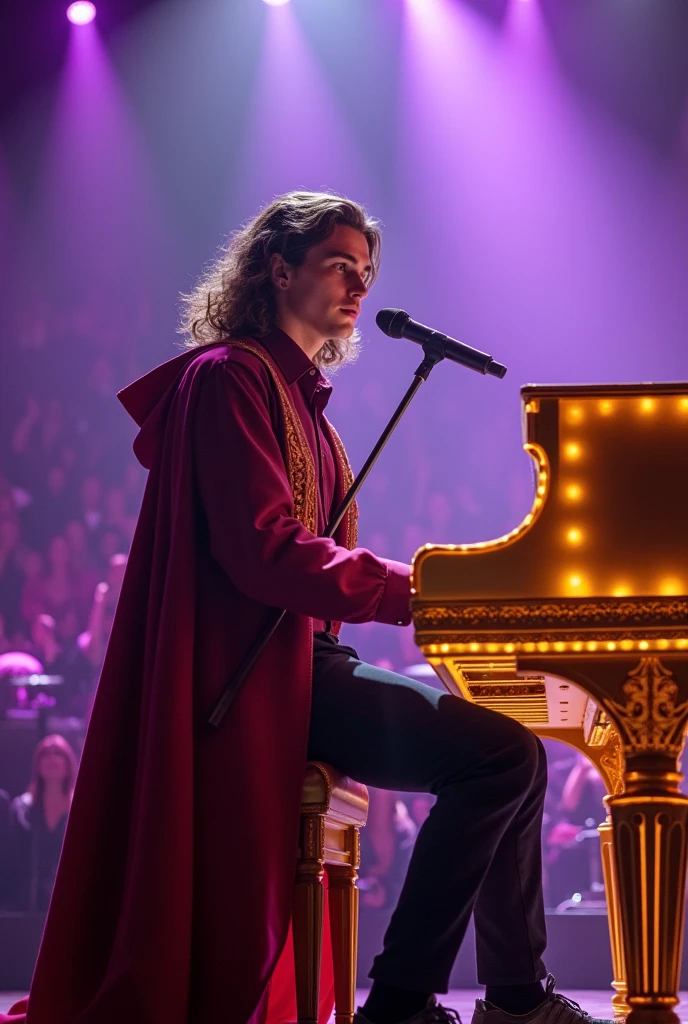 artwork best quality realistic image handsome american male teenager long brown hair light skin with burgundy button down shirt and black pants with burgundy cape and hood coat with intricate gold details glowing playing golden piano and glowing and singing with a microphone in front of him with purple lights around it illuminating him intricate details singing seen from afar at a concert with details uhq details 8k realism