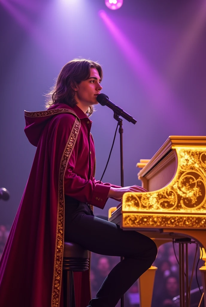 artwork best quality realistic image handsome american male teenager long brown hair light skin with burgundy button down shirt and black pants with burgundy cape and hood coat with intricate gold details glowing playing golden piano and glowing and singing with a microphone in front of him with purple lights around it illuminating him intricate details singing seen from afar at a concert with details uhq details 8k realism