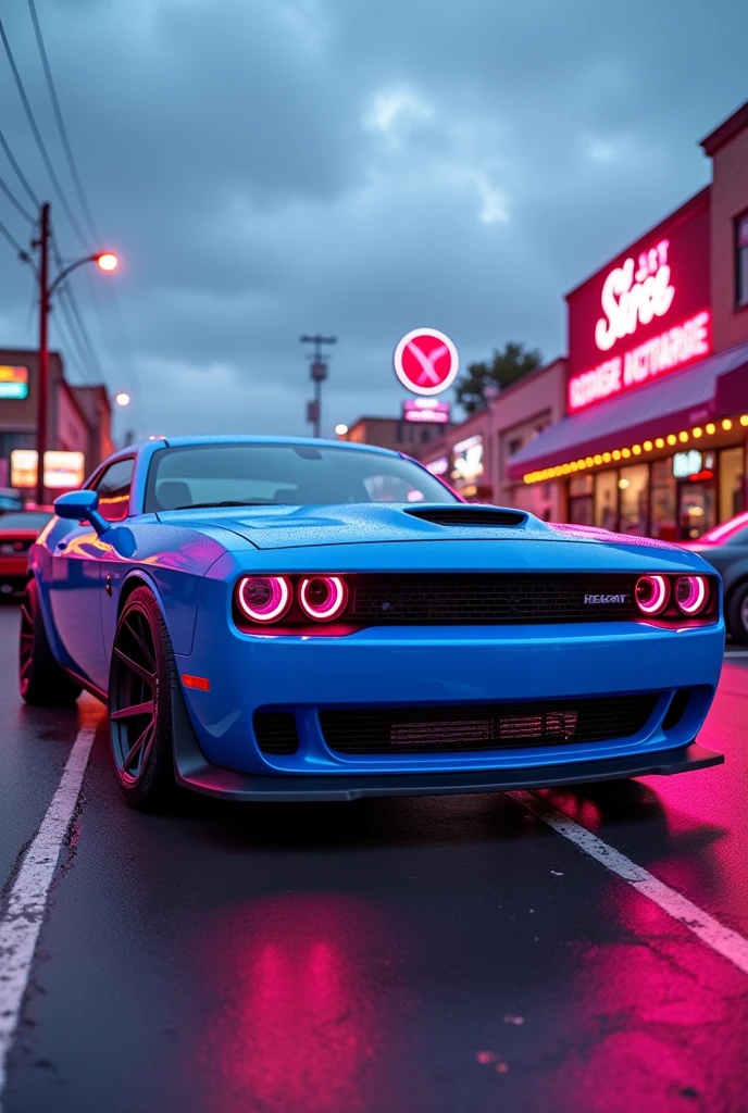 hellcat Blue and pink color and a parking lot real 