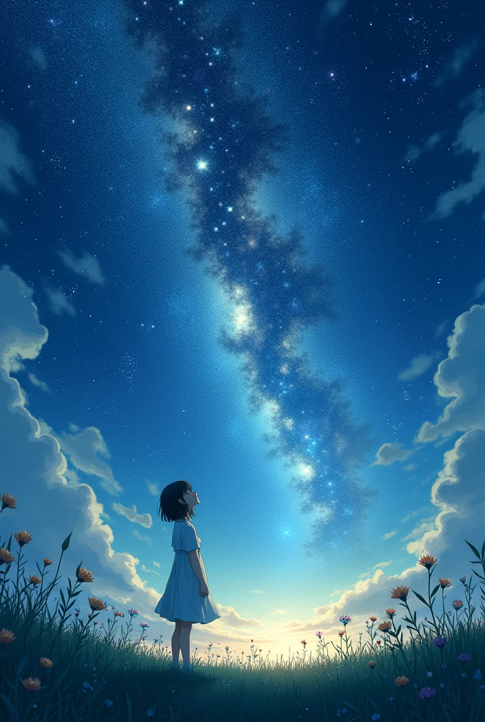 A girl on a meadow,Stars twinkling in the sky,Shining Star,milky way,I look up and see,masterpiece,Highest quality,最高masterpiece,Detailed anime art,Digital Art,
