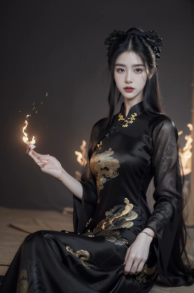 (((best quality))), (((ultra detailed))), (((masterpiece))), illustration, 1girl, long flowing hair,(black lips:1.5),delicate features, graceful appearance, beautiful brows and eyes, fair skin, slender neck, elegant pose, (black Chinese dress:1.5), simple yet elegant, wind fluttering, mysterious atmosphere, rocks, bonfire, illumination, natural world, tranquility, reflection, oneness with nature