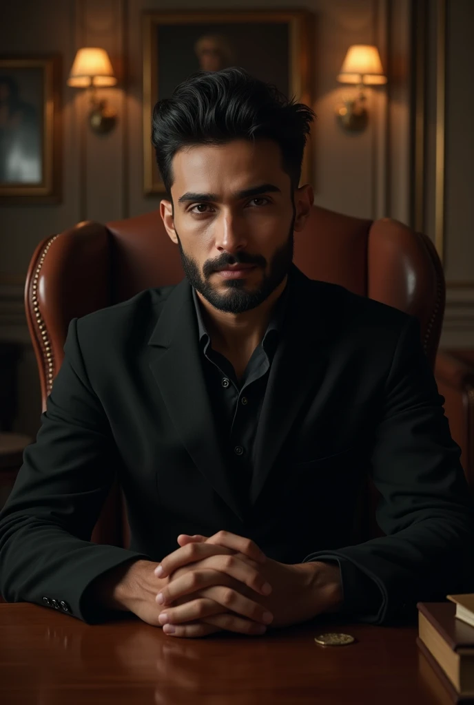 A indian gentleman young with black coat sitting on a chair in the front of table hd realistic image