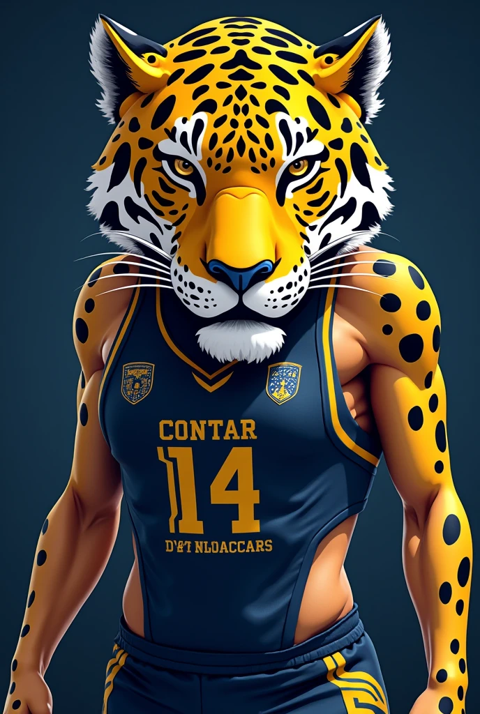 "Hello, I need your help to create a slogan for 'Atlética Predadora', a university athletic team with a jaguar mascot. The slogan must reflect power, mastery and excellence. Por favor, generate some impactful slogans that incorporate these elements and the concept of predator." Use visual elements with dark blue, white and gold, the jaguar with its original colors which is yellow with black tips. PROVIDE ME WITH AN IMAGE OF WHAT A WOMEN'S CROPPED TOP WOULD LOOK LIKE