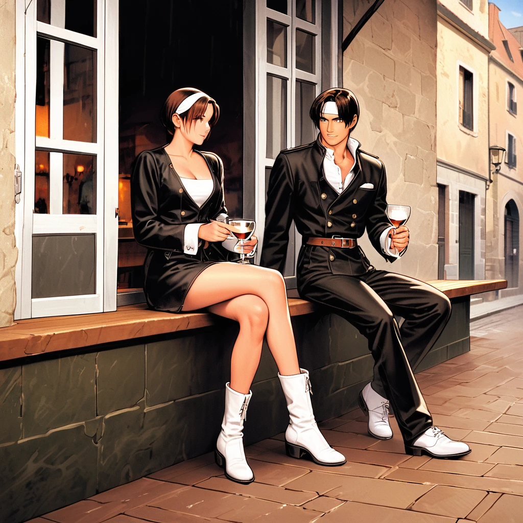 hite headband)), black long pants, white shoes, brown belt, handsome, shot, charming, masterpiece, high resolution, fine face, fine grain, day, rainy sky, confident Full of smiles, With lover, Promenade des Anglais, Dining on terrace, drinking brandy in rocks glass, raining, France, holding glass, anxious rain leg, sitting cross-legged