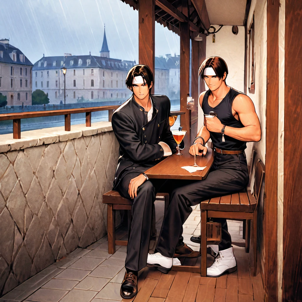 hite headband)), black long pants, white shoes, brown belt, handsome, shot, charming, masterpiece, high resolution, fine face, fine grain, day, rainy sky, confident Full of smiles, With lover, Promenade des Anglais, Dining on terrace, drinking brandy in rocks glass, raining, France, holding glass, anxious rain leg, sitting cross-legged