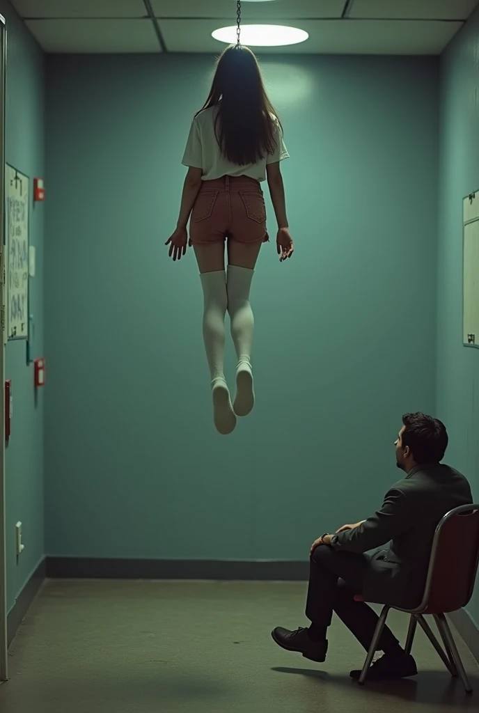 Scene of female student wearing white thigh high socks being hanged to death ,hovering in the air , a man sitting on the ground in panic with a chair on the ground