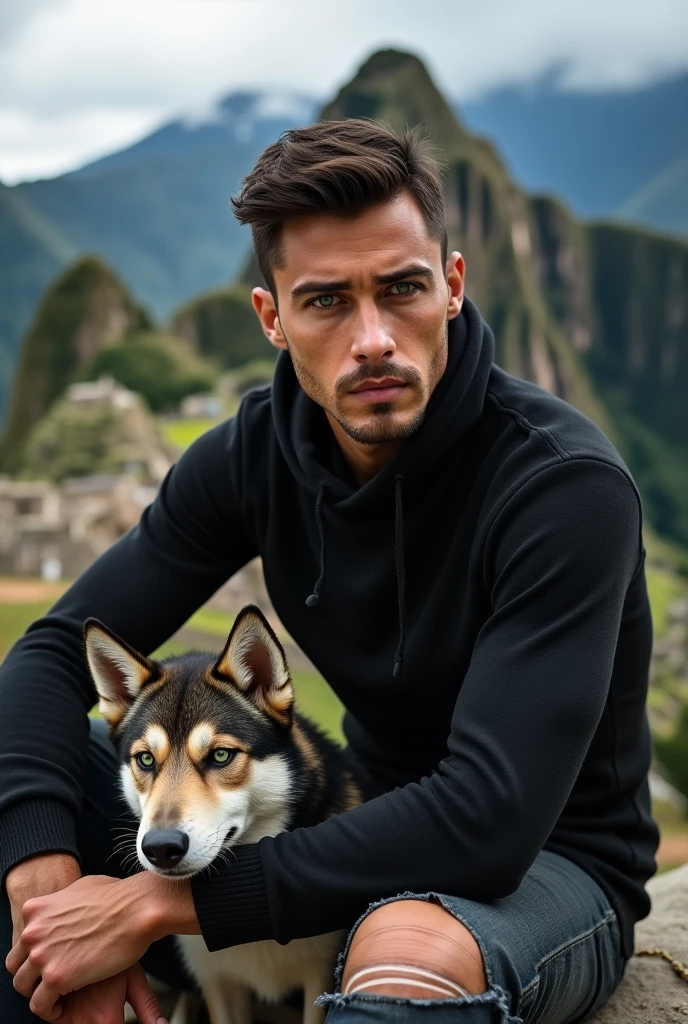 (photorealism:1.2), (8k) (detailed) (full body) Give me a man, Facial features: Square face with a marked jaw, prominent cheekbones and thick, dark eyebrows. Adds youthfulness to his appearance. Hair: Dark hair, usually combed back or with a slightly disheveled style, which can vary between short and medium. Eyes: Dark green eyes, with a penetrating look that expresses confidence, with cross-shaped hoops on each side. Build: slim and well-defined. Height 1.80, which gives him an imposing presence. Style: His style of clothing: black sweater, ripped jean pants. Skin tone: Tanned skin tone, typical of the Mediterranean. Expression: He usually has a serious or concentrated expression, although he can show a charming and confident smile. (sitting in Machu Pichu with a Siberian dog) (high resolution), (4k).