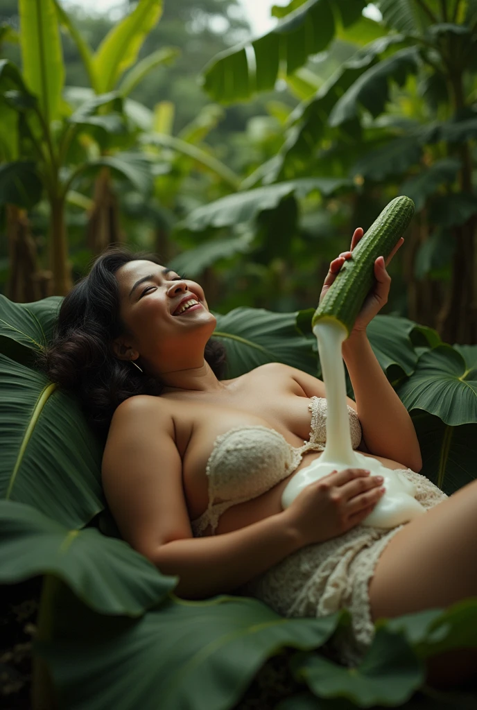 wanita tua indonesia badan sexy,dada besar,menggunakan lingerie,tangan wanita tua berlumuran banyak mayonaise putih,mayonaise dimana-mana,ekspresi wanita tua ini puas setelah klimaks,wanita terkapar beralaskan daun pisang,background kebun pisang