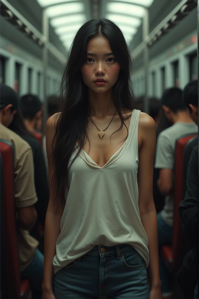 indonesian girl, white skin, perfect body, full body, long hair, perfect breast, front view, hyper realistic, in the train, sweating, people looking at her, crying, loose big tanktop