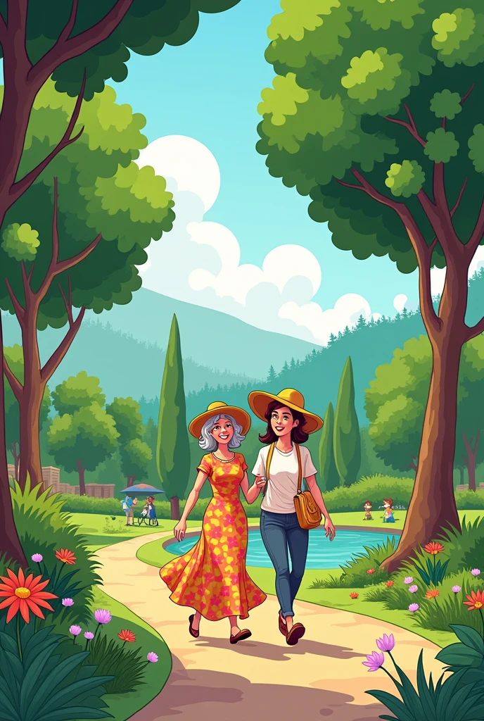 generates piedad bonnett taking a walk through the park with someone as if it were a cartoon

