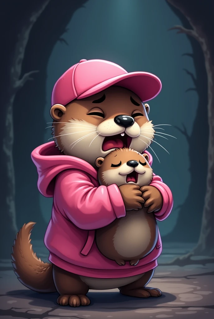 Cartoon of an otter, with pink cap, pink sweatshirt, with a scared face, with eyes closed, with side position and hugging a small stuffed otter, with a background of terror