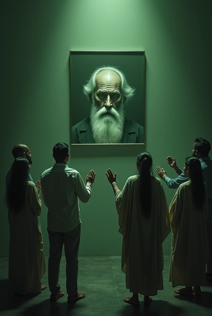 An indian hindu family worshipping the great scientist James clerk Maxwell  green black and white portrait photo of maxwell