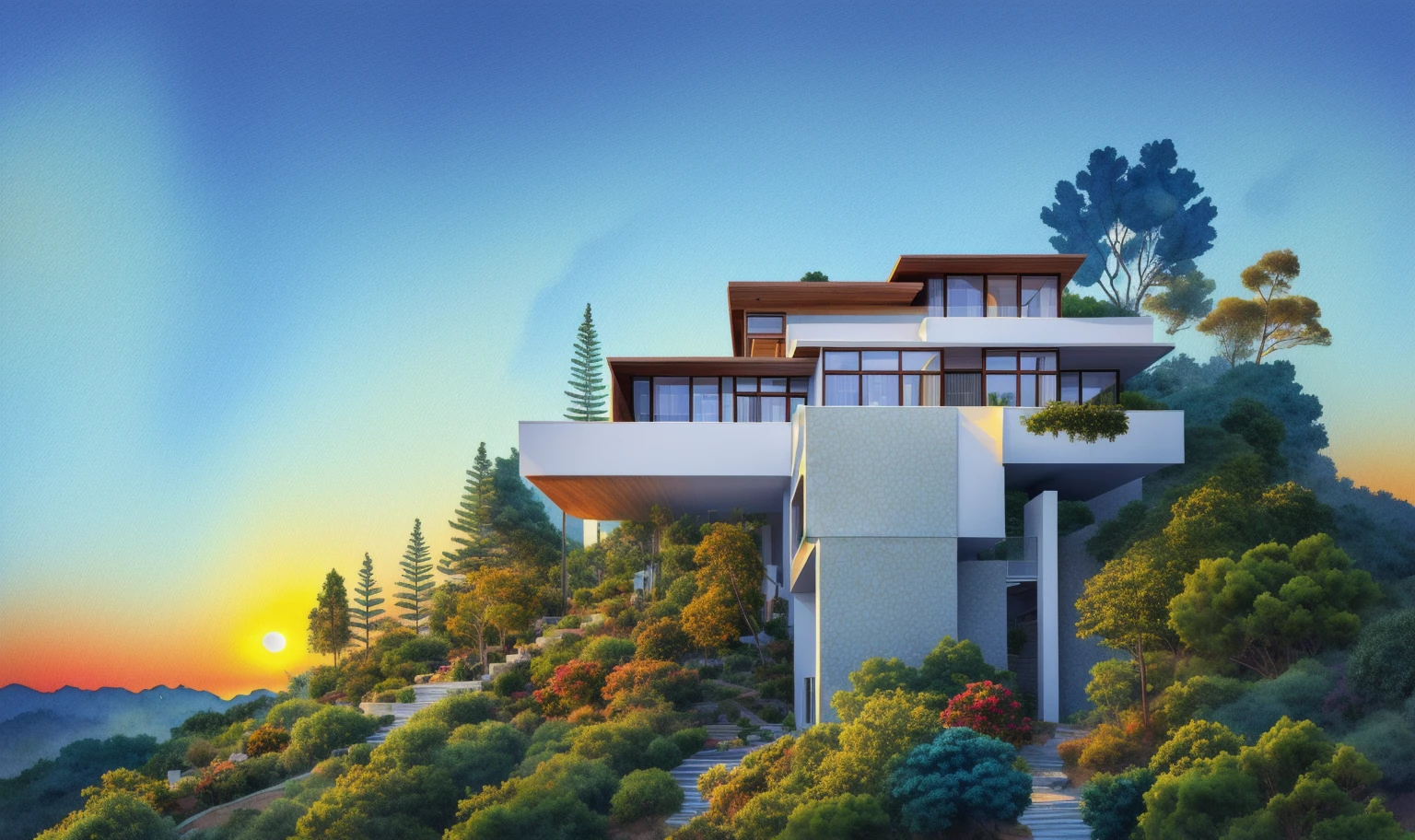 (masterpiece, best quality: 1.2), KTHOUSE Style - Watercolor sketch, Watercolor style, modern style villa, on a cliff with many trees, clear blue sky, sunrise