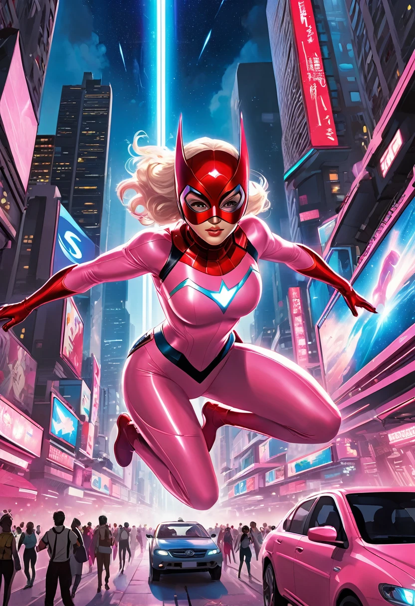 (((A comic style, cartoon art))). A comic-style image of Spider-Gwen, with her as the central figure. She is standing with her hands on her hips, looking straight ahead with determination. She wears a white and pink costume, with a white and pink mask. Hot body, camel toes. She has short, straight blonde hair, green eyes and red lips. She is surrounded by a night city, with skyscrapers, bridges and lights. She has a determined and confident expression, as if she is ready to fight crime.
