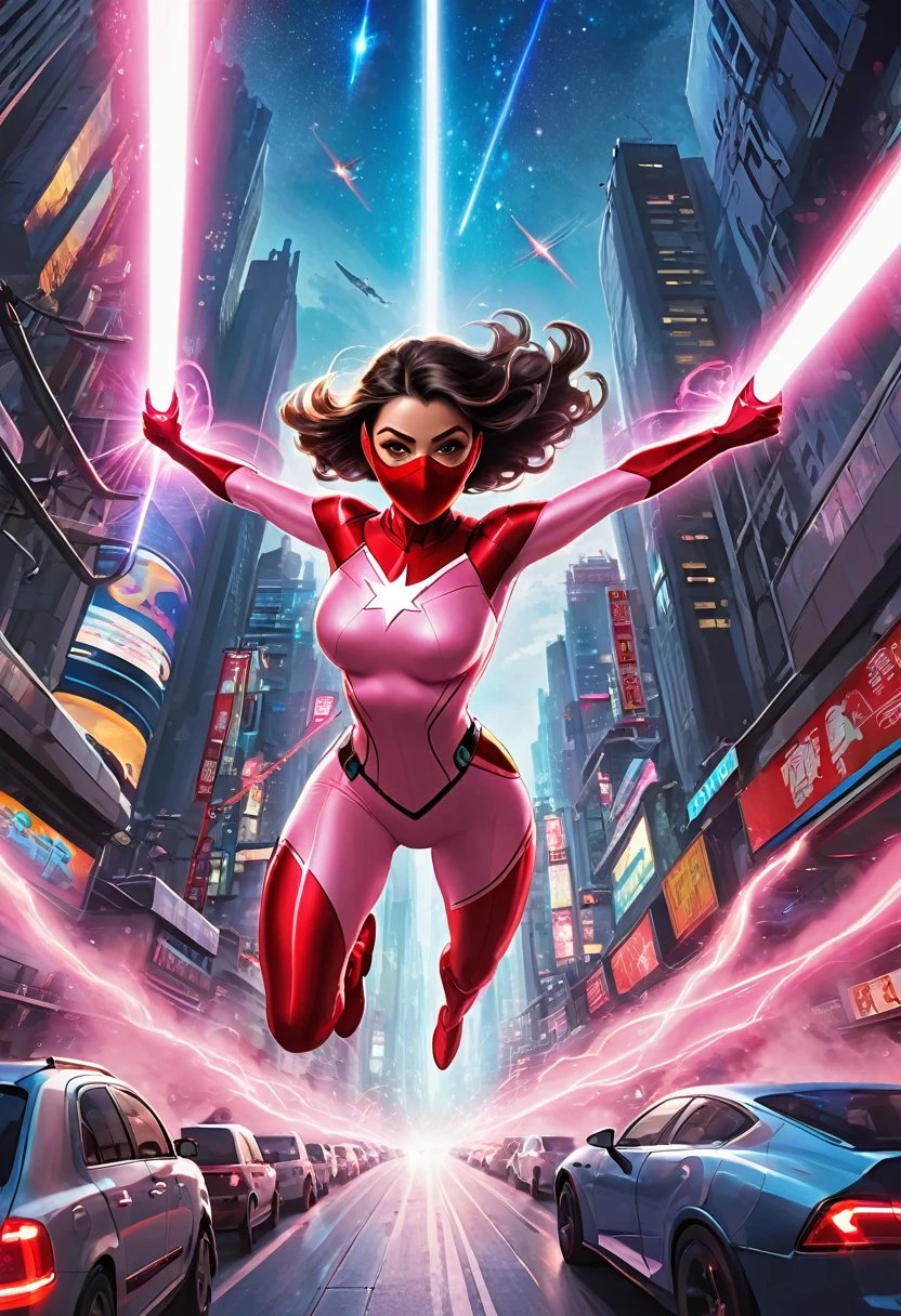 "a superhero big breasted Girl  in a light pink outfit with a red mask, leaping between rooftops of a crowded urban city. The hero's movements are agile and precise, trailing a stream of red light. Below, the streets are filled with people and cars. In the distance, a futuristic hovercraft piloted by a masked villain is chasing the hero, firing bright blue laser beams. The night sky is filled with stars, and a massive digital billboard displays news about the superhero."