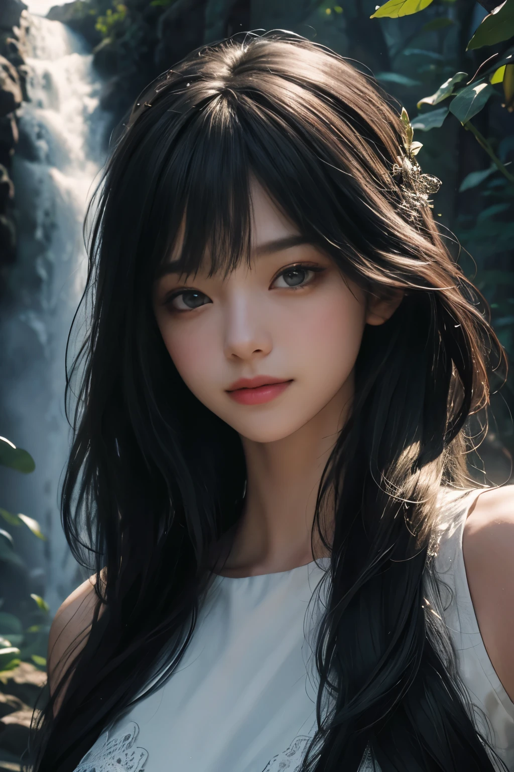 (ultra realistic) , (illustration), (increase resolution), (8K), (extremely detailed), (best illustration), (beautiful detailed eyes), (best quality), (ultra-detailed), (masterpiece), (wallpaper), (detailed face), 1 girl, black straight hair, slender body, delicate details, in the dark, deep shadow, low key, pureerosfaceace_v1, happy smile, summer dress, waterfall, rainforest