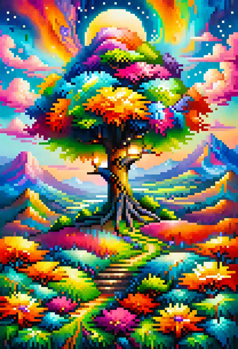 a painting of a colorful landscape with a tree and mountains, colorful landscape painting, psychedelic landscape, vibrant oil painting, vivid abstract landscape, color field painting. 8k, extraordinary colorful landscape, detailed impasto, colorful oil painting, psychedelic sky, mountains and colorful sunset!!, painted landscape, colorful sky, mythical floral hills, sunset psychedelic, colorful sunset, large colorful images