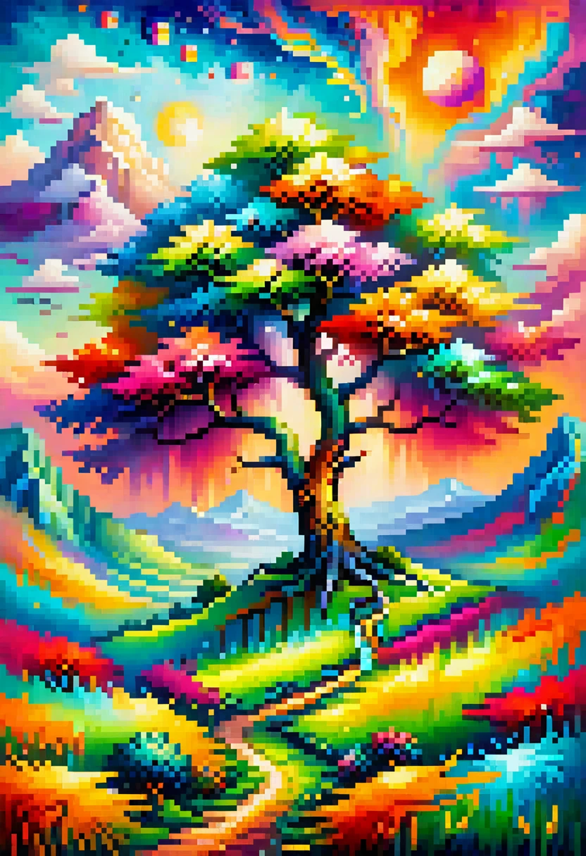 a painting of a colorful landscape with a tree and mountains, colorful landscape painting, psychedelic landscape, vibrant oil painting, vivid abstract landscape, color field painting. 8k, extraordinary colorful landscape, detailed impasto, colorful oil painting, psychedelic sky, mountains and colorful sunset!!, painted landscape, colorful sky, mythical floral hills, sunset psychedelic, colorful sunset, large colorful images