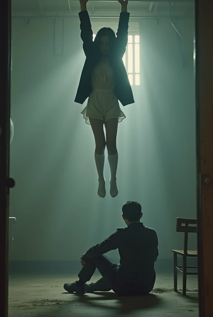 Scene of female student wearing white thigh high socks being hanged to death ,hovering in the air , a man sitting on the ground in panic with a chair on the ground