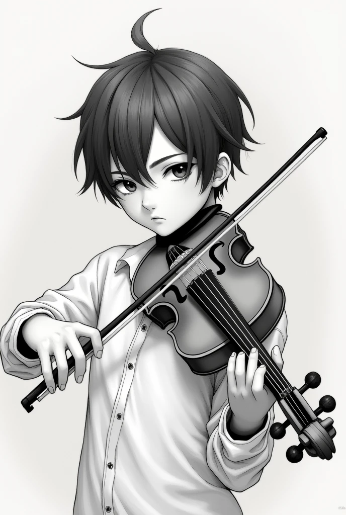 Drawing of an aesthetic boy with hair parted in 2 playing the violin