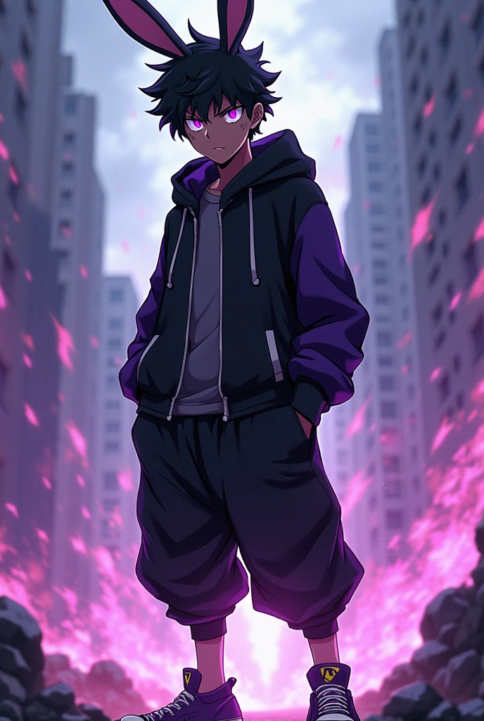 My Hero Academia, Dark Skin, Male, Freckles, , Teenager, High schooler, Dreads, red, Black Outfit, Hero, male character, Black Shorts, baggy black sweatpants, sneakers, black Hoodie and black and purple shirt. Purple eyes. Rabbit ears similar to Mirko